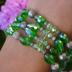 Four Strand Green Peridot AB Beaded Czech Crystal Elastic Stretch Bracelet
